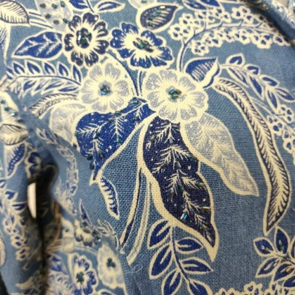 Coldwater Creek Linen Blend Beaded Jacket Size Petite XS Blue Floral Beachy Boho - Picture 8 of 10